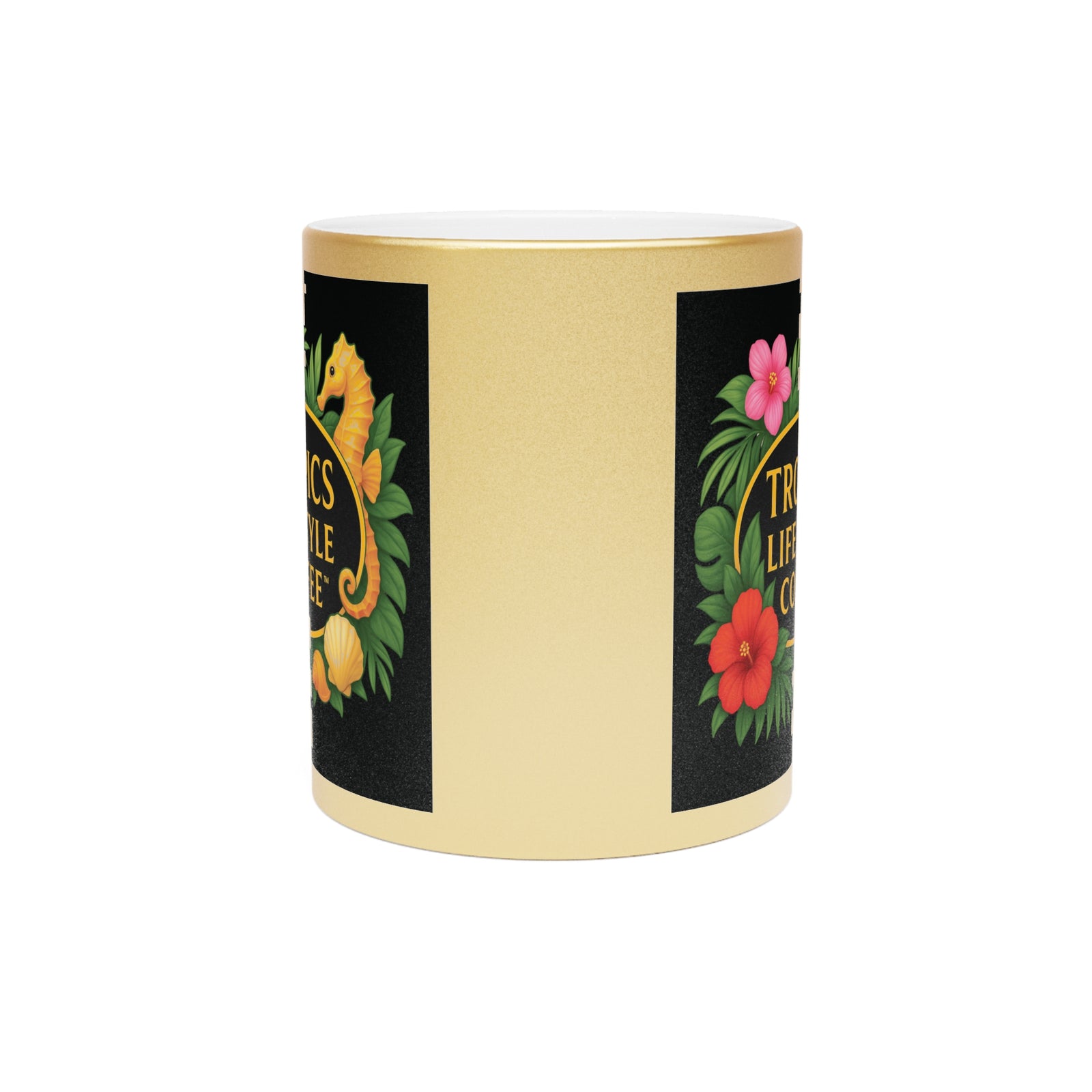 Tropical Metallic Mug, Gold or Silver - Tropics Lifestyle Coffee Seahorse Logo, Black
