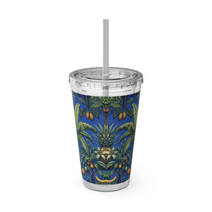 Tropical Tumbler with Straw | 16 oz: Tropical Palms & Fruit, Blue