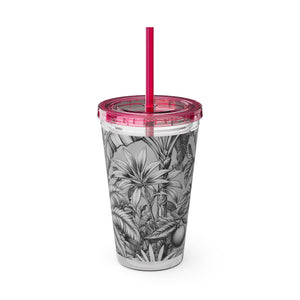 Tropical Tumbler with Straw | 16 oz: Tropical Palms & Fruit, Noir