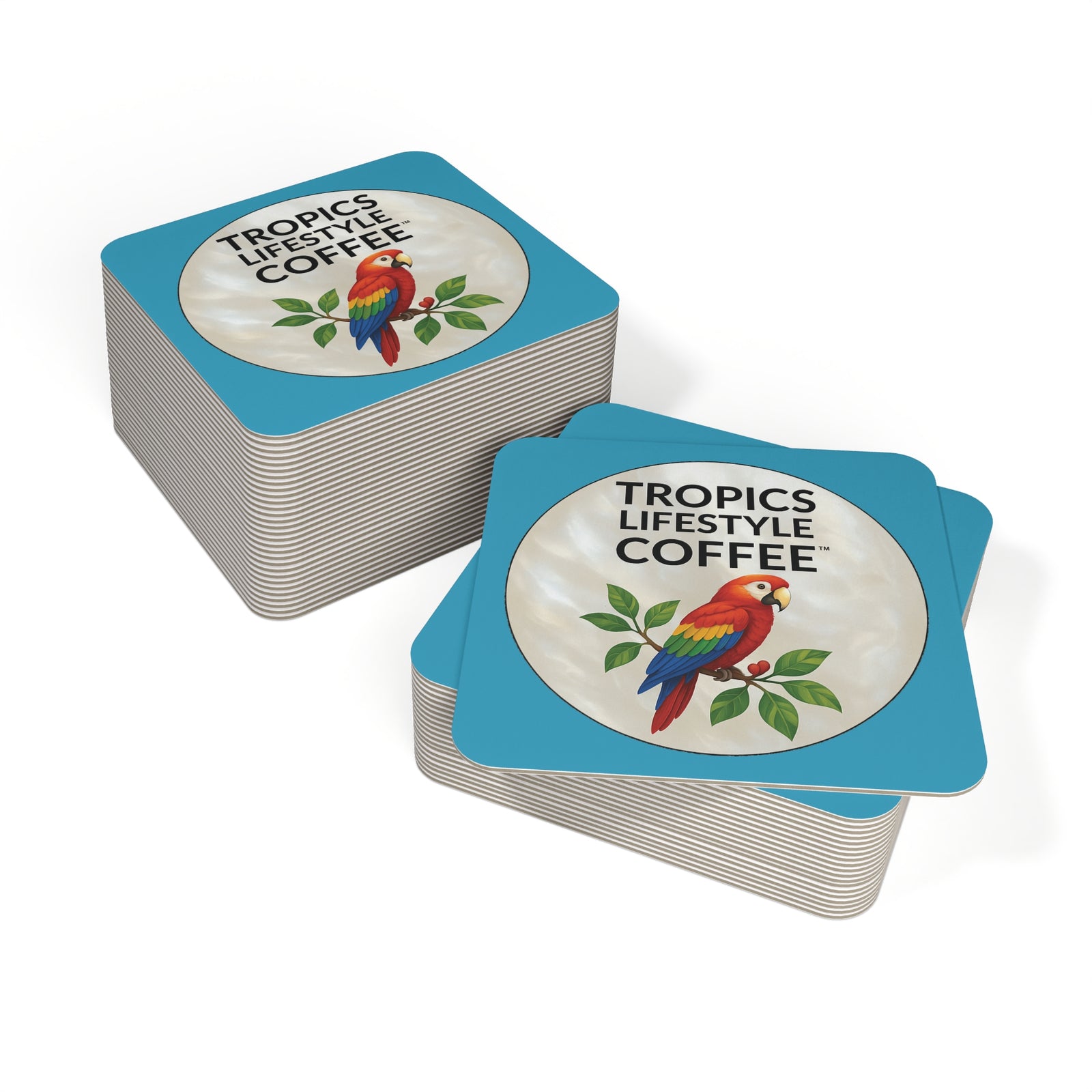 Bulk Hardboard Coffee Coasters - Parrot MOP Logo (50/100 pcs), turquoise