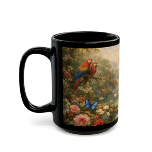 Black Ceramic Mug — Vintage Floral Rainforest Landscape, 11oz/15oz