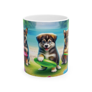Ceramic White Mug - 11oz & 15oz, Puppies Playing Frisbee at Beach