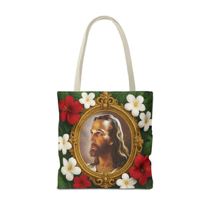 Religious Art Polyester Tote Bag, 3 Sizes / "Head of Christ" Jesus Portrait, Red Flowers