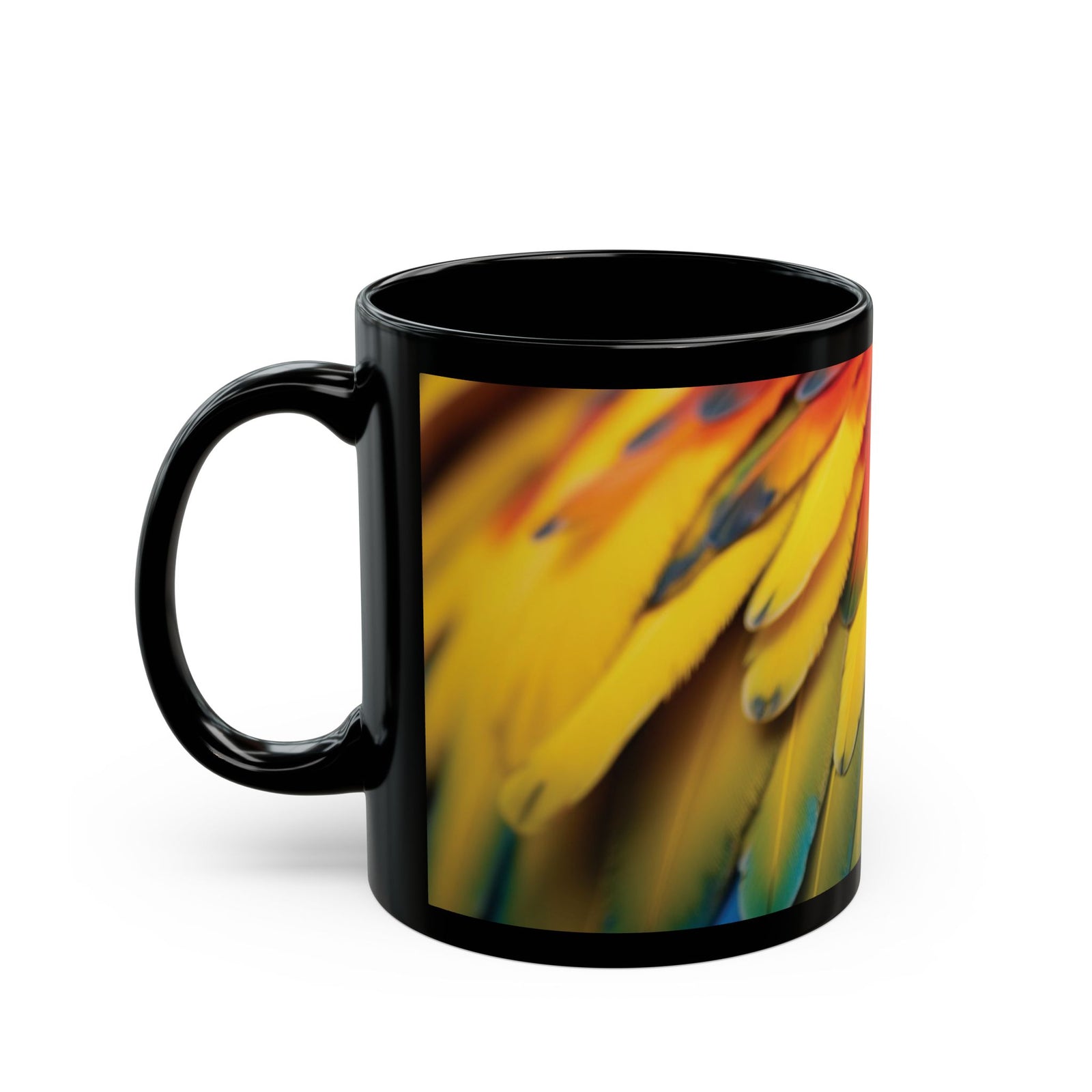 Black Coffee Mug - Colorful Macaw Parrot Feathers
