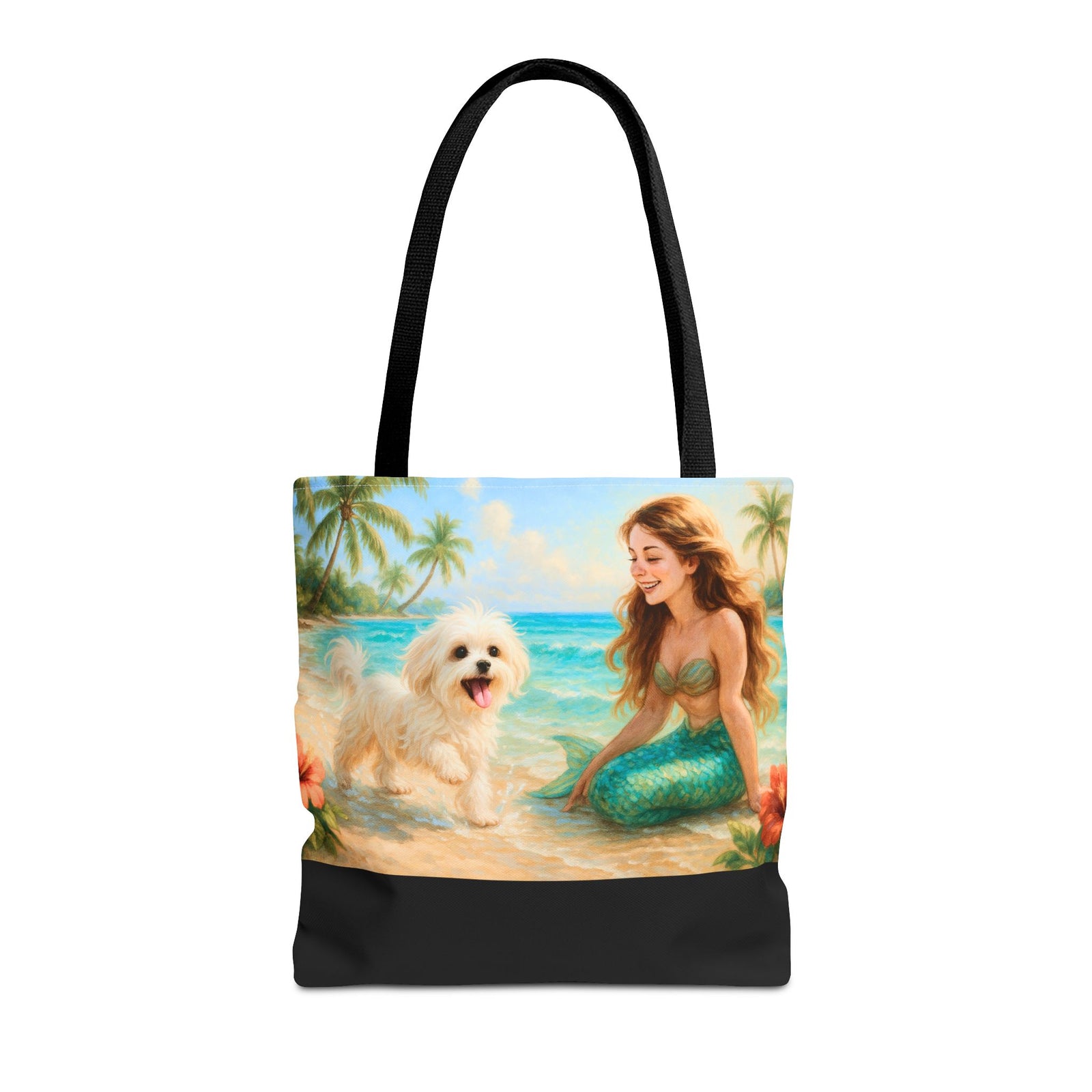 Puppy Ariel and Mermaid/Black Tote Bag - 3 Sizes