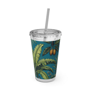 Tropical Tumbler with Straw | 16 oz: Tropical Palms & Fruit, Blue