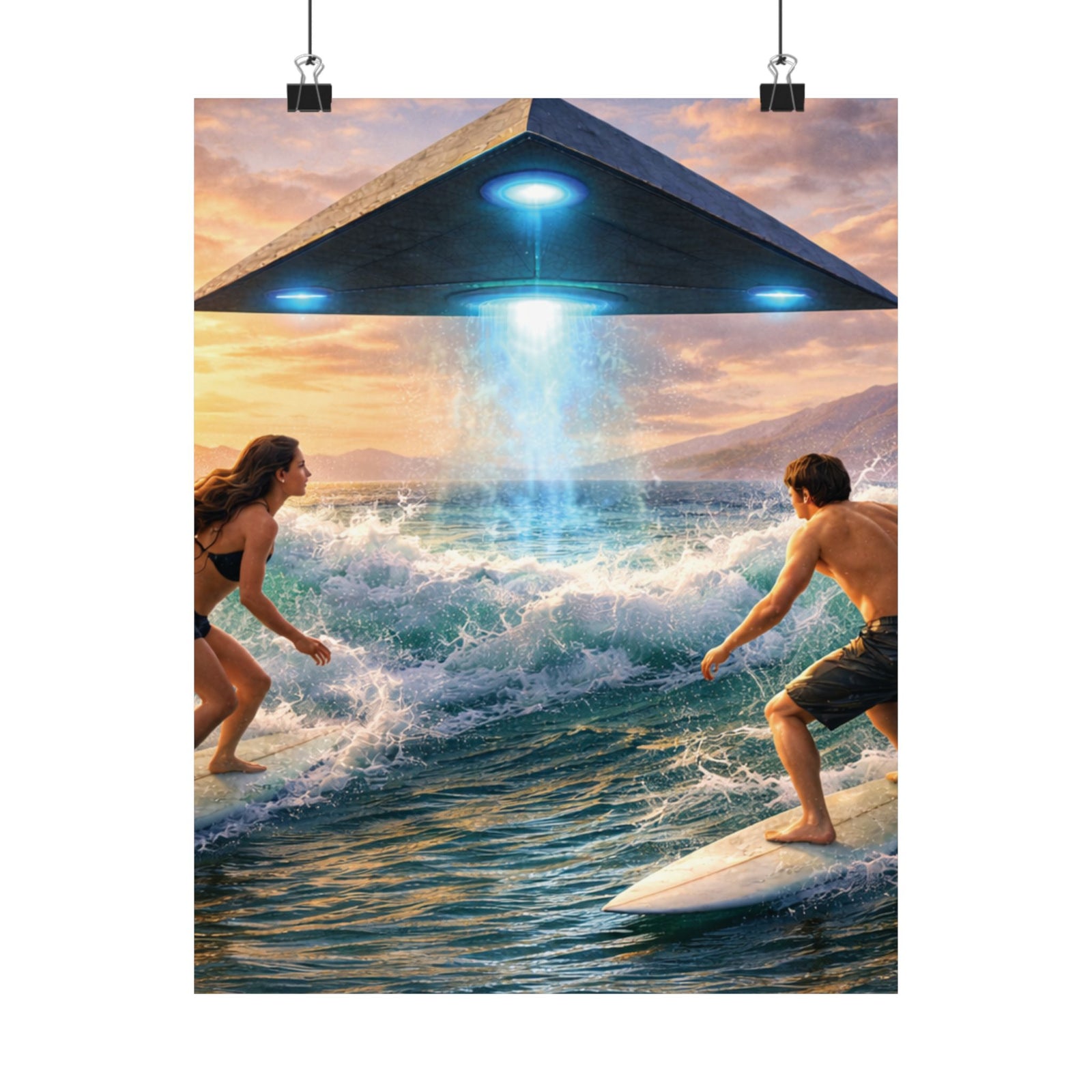 Surfing Encounter UFO Poster — Matte Vertical Sci‑Fi Beach Art Print