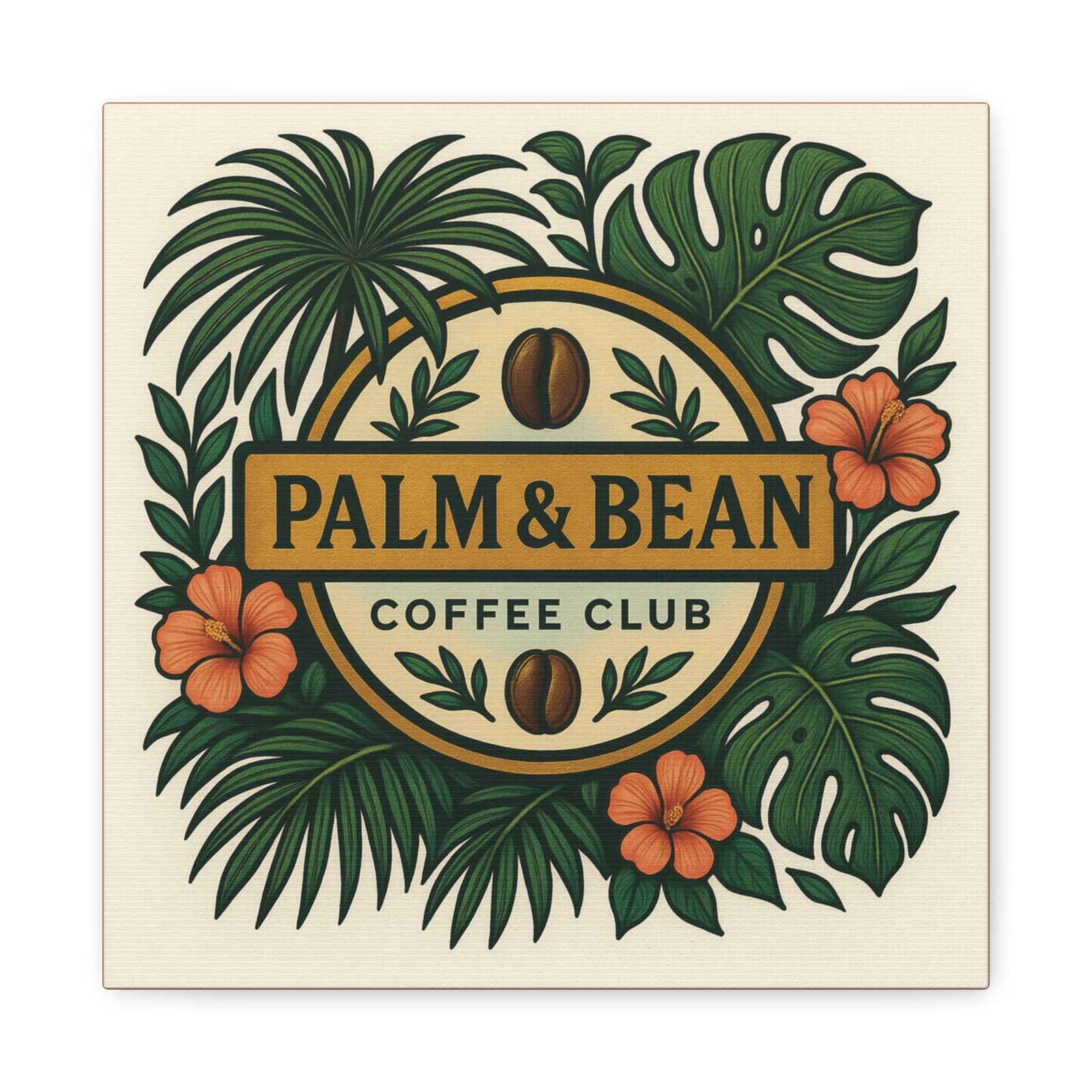 Tropical Coffee Shop Sign ~ Palm & Bean Coffee Club Canvas Wall Art, Crusta Orange