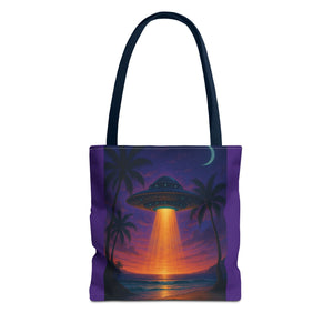 UFO at Beach Sunset Tote Bag, Purple - 3 Sizes