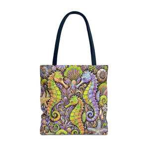 Seahorse Trio Tote Bag, Yellow & Purple - 3 Sizes