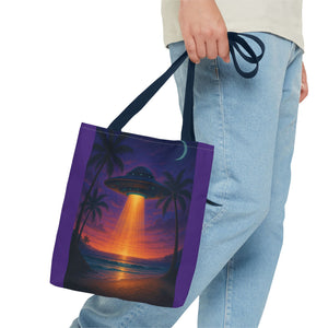UFO at Beach Sunset Tote Bag, Purple - 3 Sizes