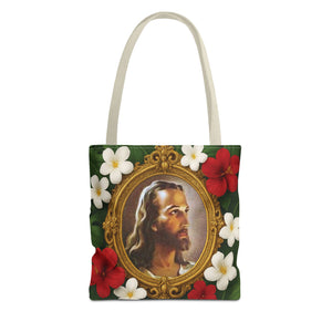 Religious Art Polyester Tote Bag, 3 Sizes / "Head of Christ" Jesus Portrait, Red Flowers