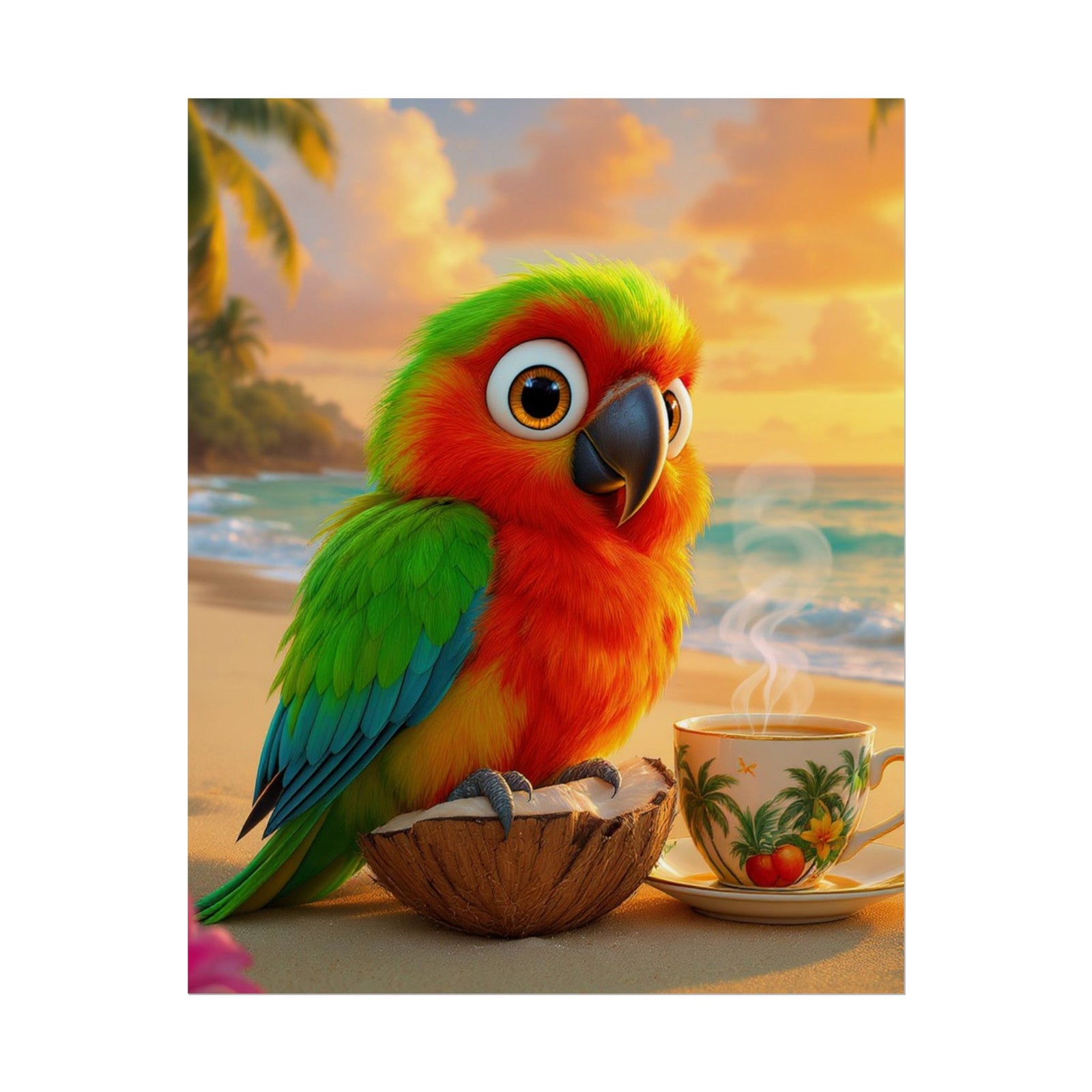 Coffee Wall Art: Tiki the Tropical Parrot Beach Poster — Colorful Bird with Coconut & Coffee