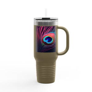 Insulated Travel Mug, 40oz / Peacock Eye Feather, Magenta - Perfect for Outdoor Adventures
