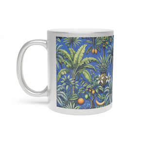 Tropical Metallic Mug, Gold or Silver - Tropical Palms & Fruit, Ocean Blue