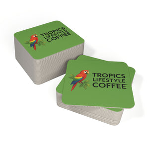 Bulk Durable Hardboard Coffee Coasters — Tropics Lifestyle Coffee Parrot Logo (50/100 pcs), green