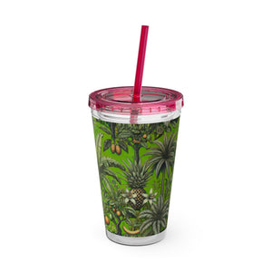 Tropical Tumbler with Straw | 16 oz: Tropical Palms & Fruit, Green