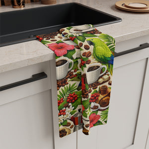 Tropical Microfiber Coffee/Tea Towel – Green & Red Parrots With Coffee
