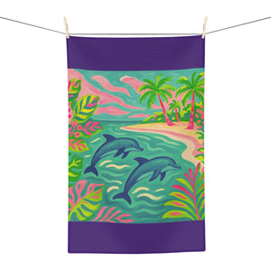 Tropical Microfiber Coffee/Tea Towel ~ Jumping Dolphins, Purple