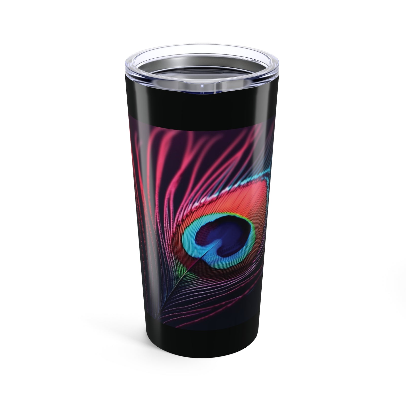 20oz Tropical Glossy Tumbler, Stainless Steel / Peacock Eye Feather, Magenta