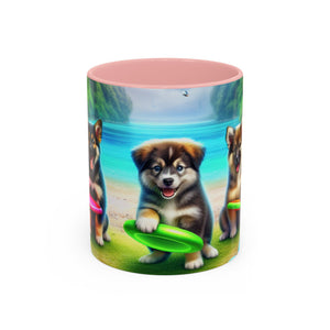 Cute Beach Puppies Playing Frisbee - Black Coffee Mug - Perfect Gift for Dog Lovers