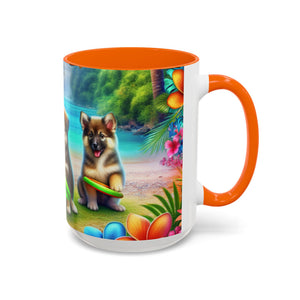 Cute Beach Puppies Playing Frisbee - Black Coffee Mug - Perfect Gift for Dog Lovers