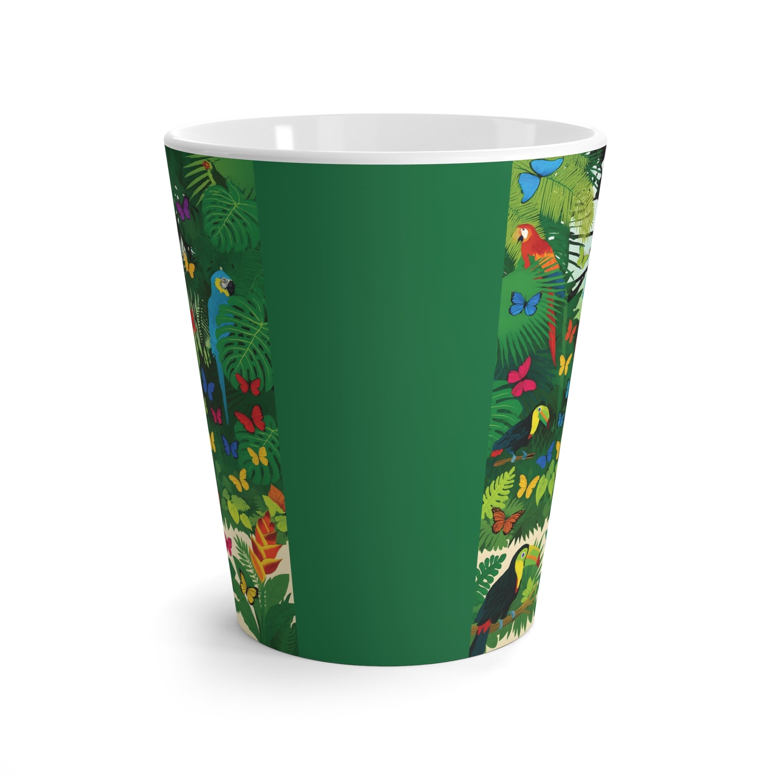 White Latte Mug – Jungle Parrots & Butterflies