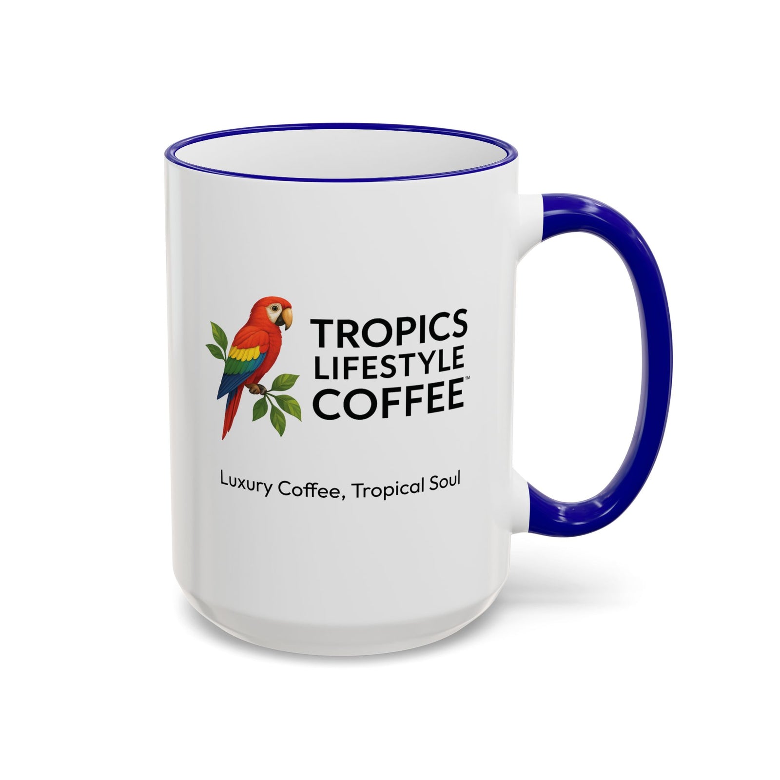 Accent Rim & Handle Coffee Mug ~ Tropics Lifestyle Coffee Parrot Logo