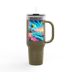 Insulated Travel Mug, 40oz / Pop Art Flamingo Beach