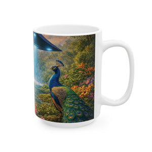 Black Coffee Mug: UFO and 2 Peacocks