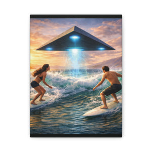 Surfing UFO Canvas Print — Beach Sunset Sci‑Fi Wall Art