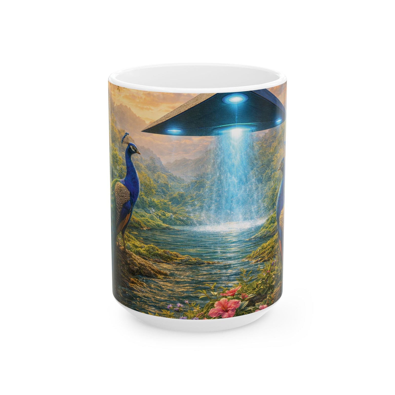 Black Coffee Mug: UFO and 2 Peacocks