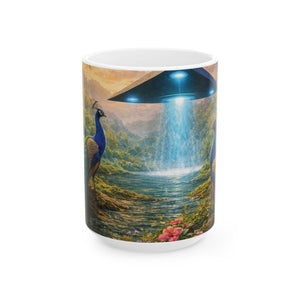 Black Coffee Mug: UFO and 2 Peacocks