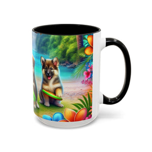 Cute Beach Puppies Playing Frisbee - Black Coffee Mug - Perfect Gift for Dog Lovers