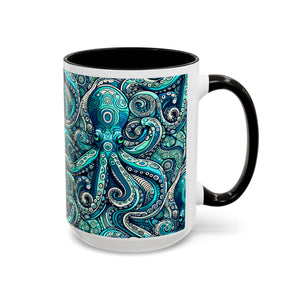 Accent Color Coffee Mug, Many Colors - 11oz & 15oz / Aqua Octopus