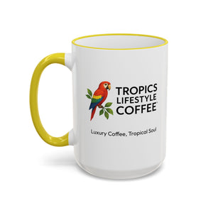 Accent Rim & Handle Coffee Mug ~ Tropics Lifestyle Coffee Parrot Logo