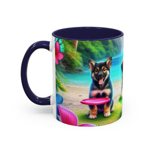 Cute Beach Puppies Playing Frisbee - Black Coffee Mug - Perfect Gift for Dog Lovers