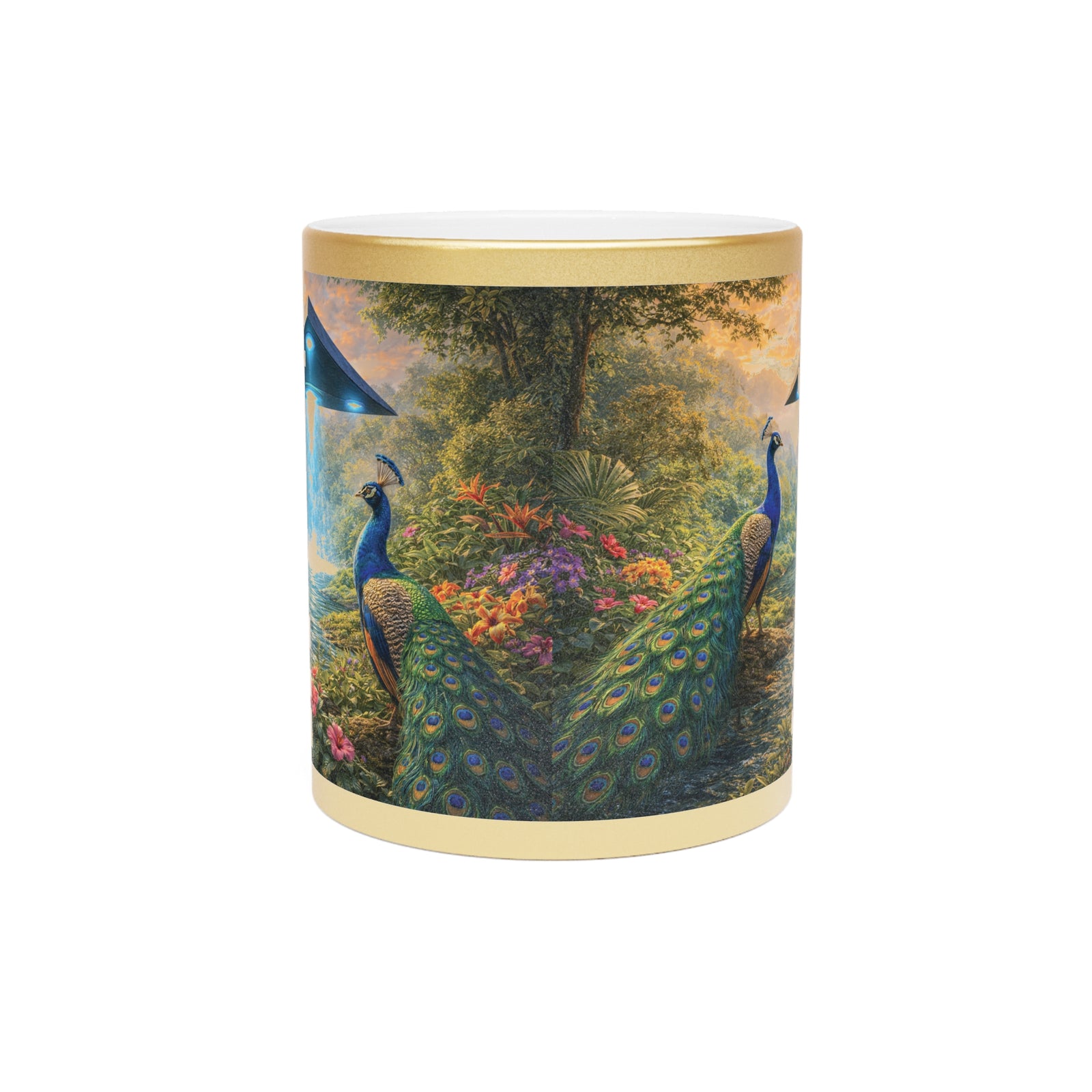 Tropical Metallic Mug, Gold or Silver - UFO & Peacocks
