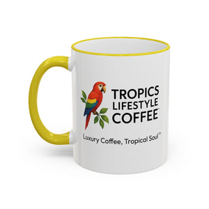 Accent Rim & Handle Coffee Mug ~ Tropics Lifestyle Coffee Parrot Logo