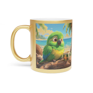 Tropical Metallic Mug, Gold or Silver - Lulu the Parrot Drinks Coffee