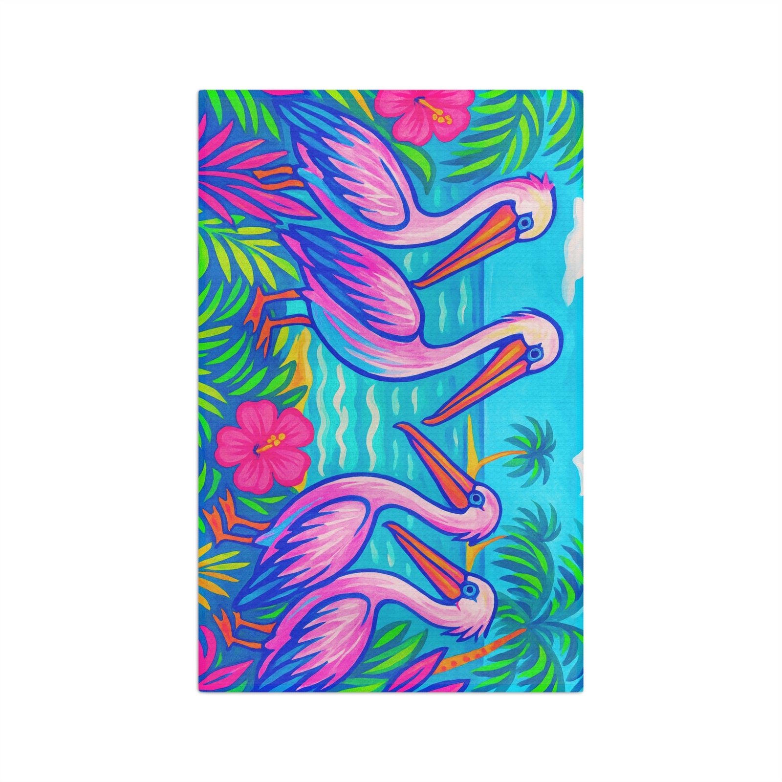 Tropical Microfiber Coffee/Tea Towel ~ Vibrant Pink Pelicans & Hibiscus