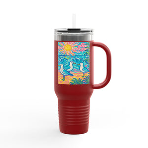 Insulated Travel Mug, 40oz / Tropical Beach Seagulls - Perfect for Outdoor Adventures