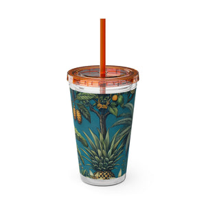 Tropical Tumbler with Straw | 16 oz: Tropical Palms & Fruit, Blue