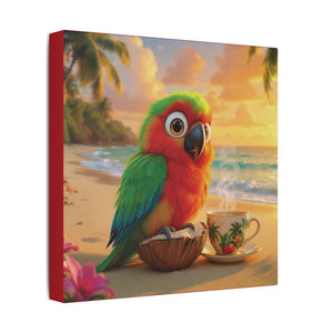 Tropical Beach Canvas - Tiki the Parrot Sunrise Wall Art, Dark Red