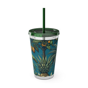 Tropical Tumbler with Straw | 16 oz: Tropical Palms & Fruit, Blue