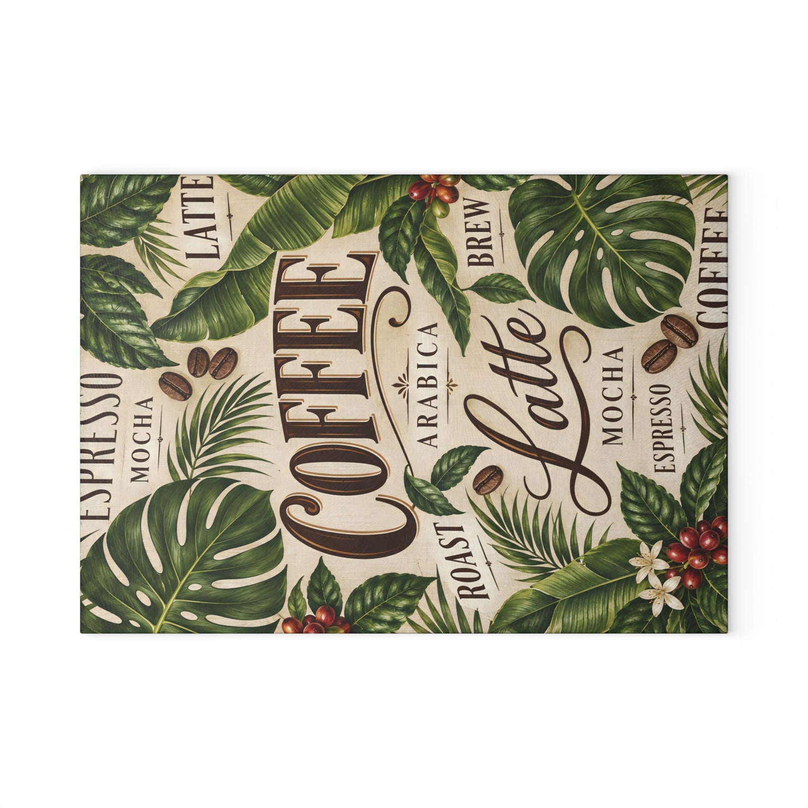 Glass Coffee Station Tray, 2 Sizes – Tropical Latte & Espresso Typography