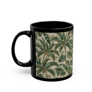 TropicalBlack Mug, 11 & 15 oz – Botanical Palm Mosaic Coffee Cup