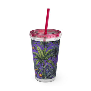 Tropical Tumbler with Straw | 16 oz: Tropical Palms & Fruit, Purple