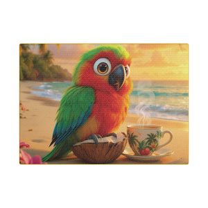 Tropical Beach Canvas - Tiki the Parrot Sunrise Wall Art, Yellow