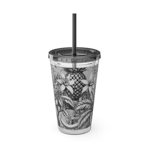 Tropical Tumbler with Straw | 16 oz: Tropical Palms & Fruit, Noir